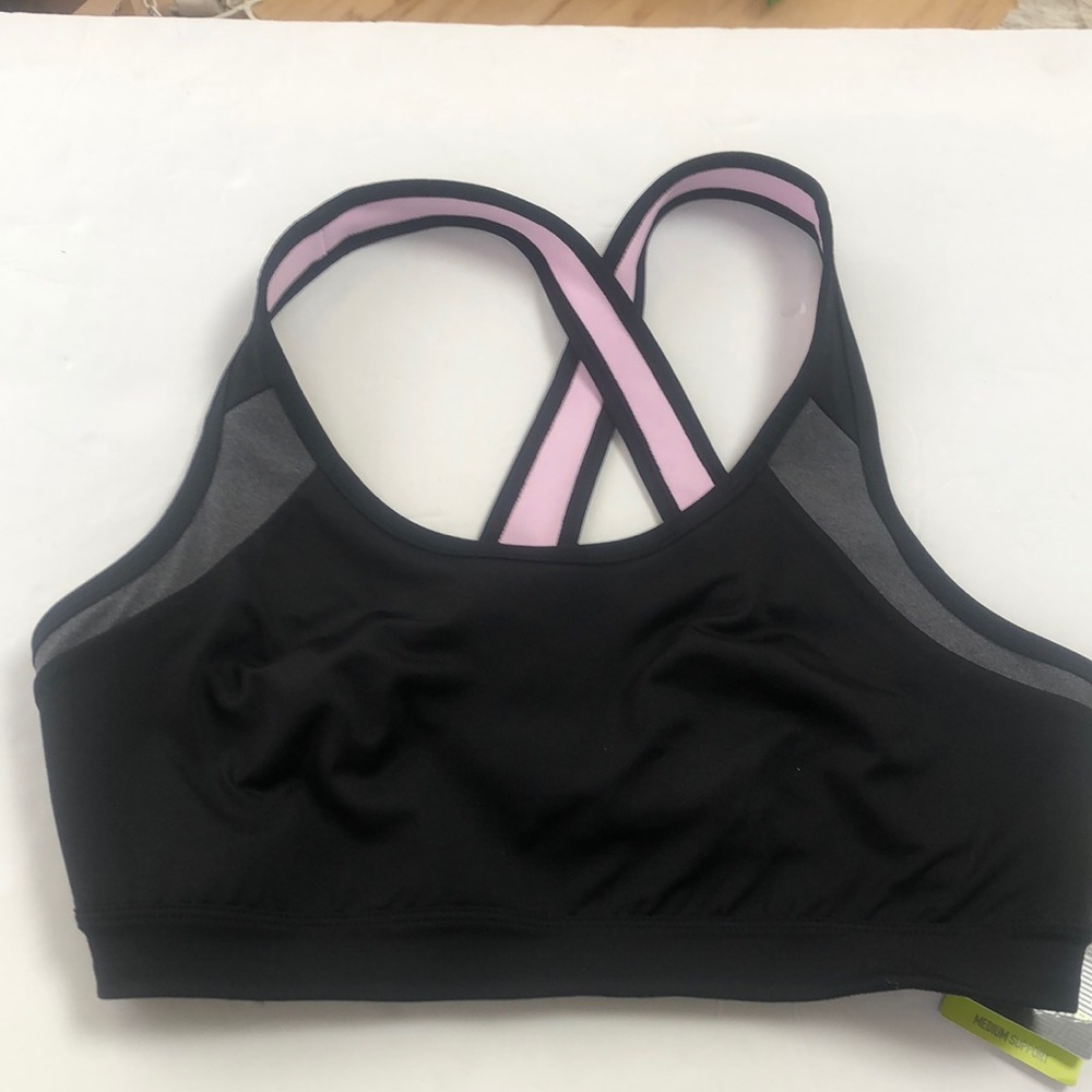 TeK Gear Black Tie Black Pink Gray Athletic Medium Support Sport Bra‎ Size Large